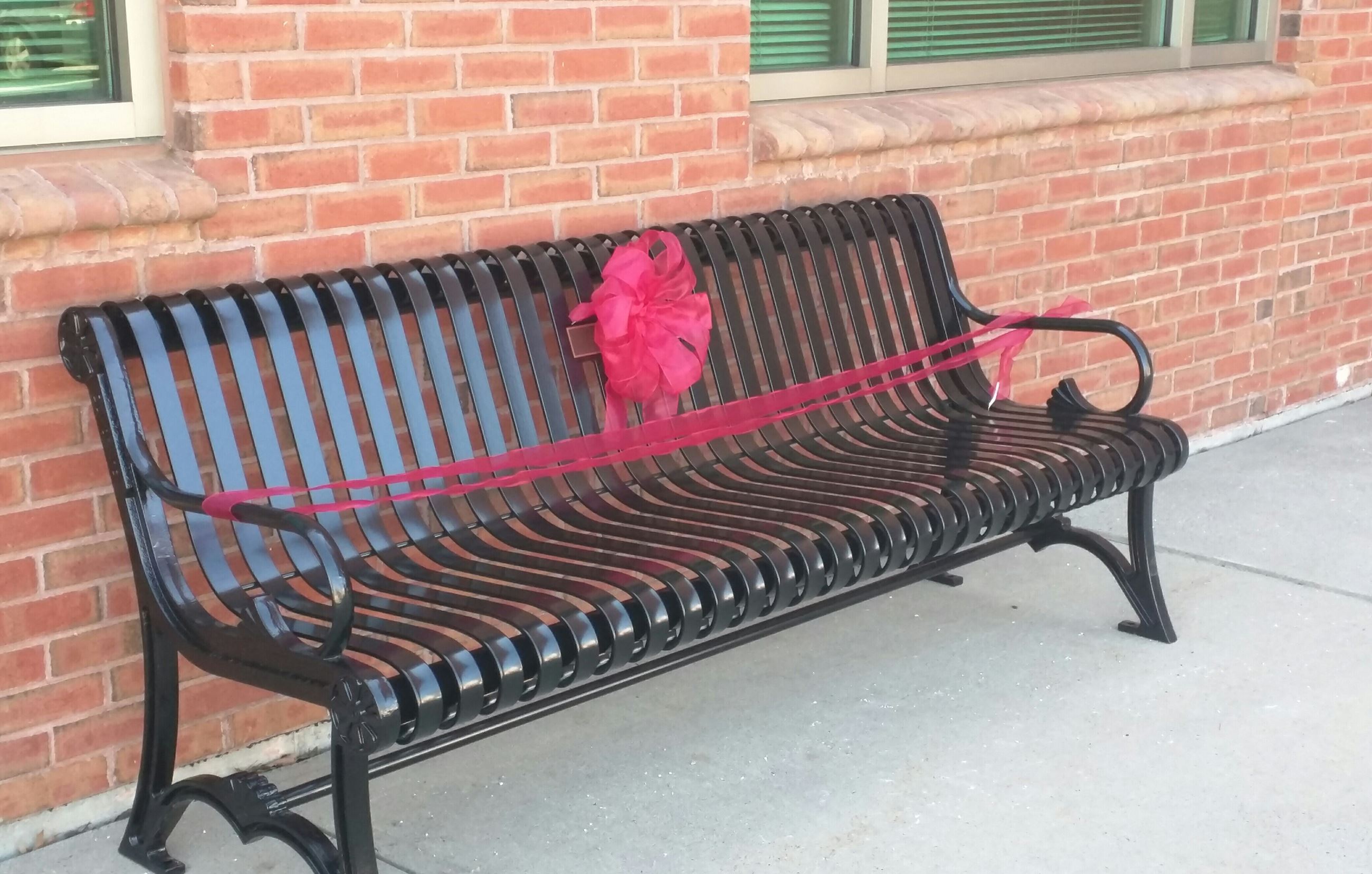 Stepney Bench Dedication with ribbon tied around bench