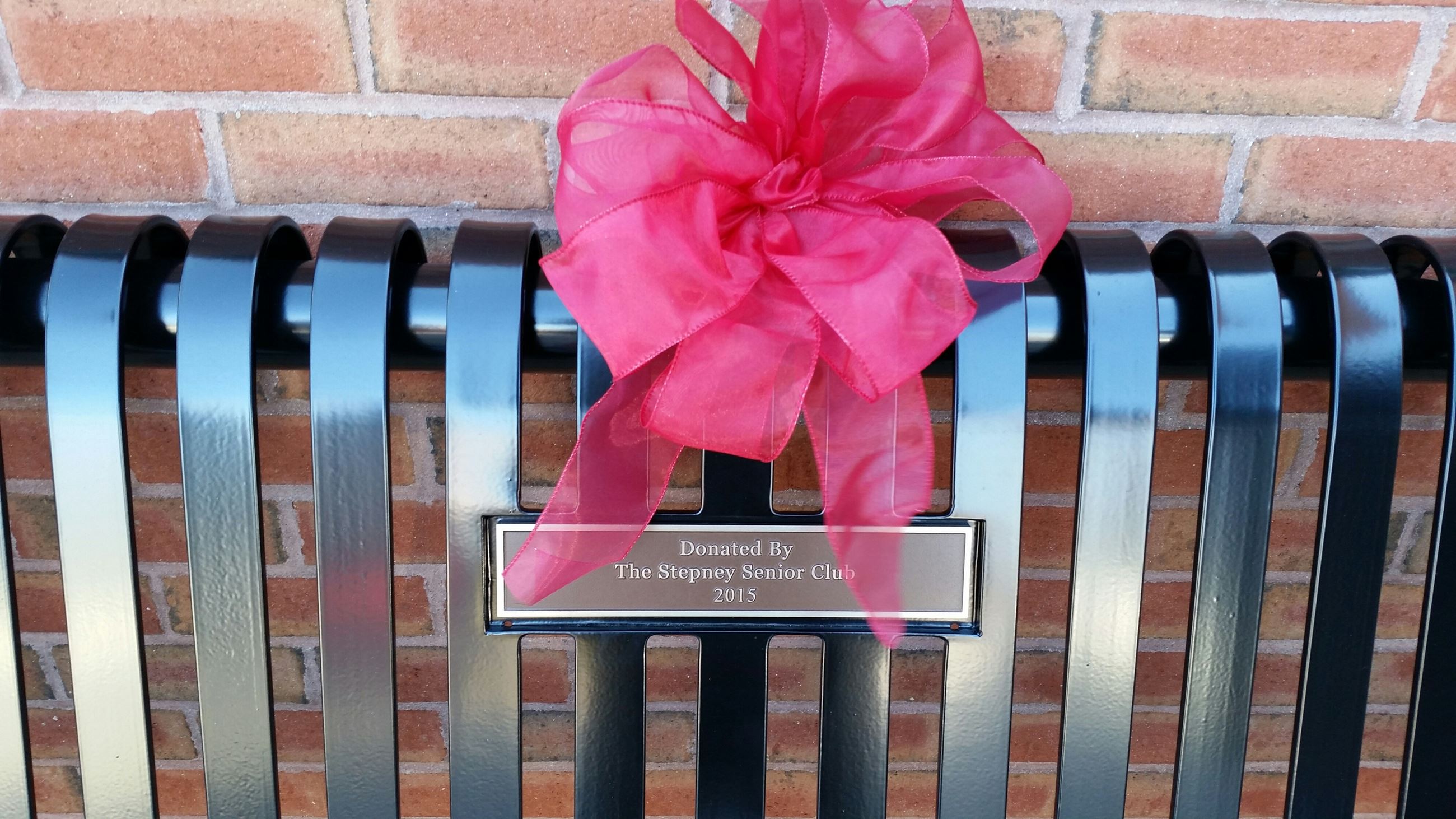 Plaque on the Stepney Bench reading Donated By The Stepney Senior Club 2015